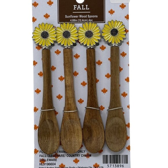 Sunflower Mini Wood Spoon Set Of 4 Fall  Autumn Country Farmhouse Modern Holiday - Picture 1 of 7
